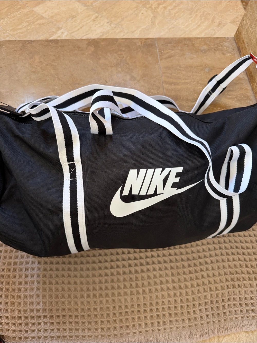Nike Black Duffel Bag with White Swoosh and Striped Straps overnight gym sports - Picture 5 of 11